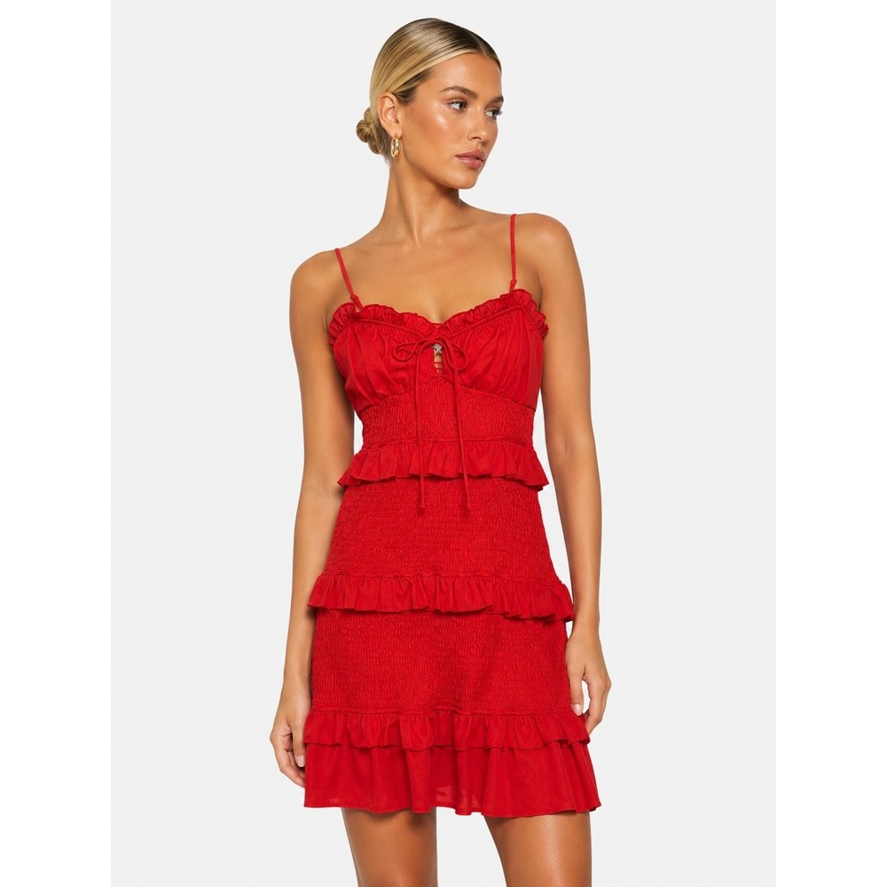 Thats So Fetch Red Smocked Ruffle Tiered Sleeveless Mini Dress 10 M NWOT New